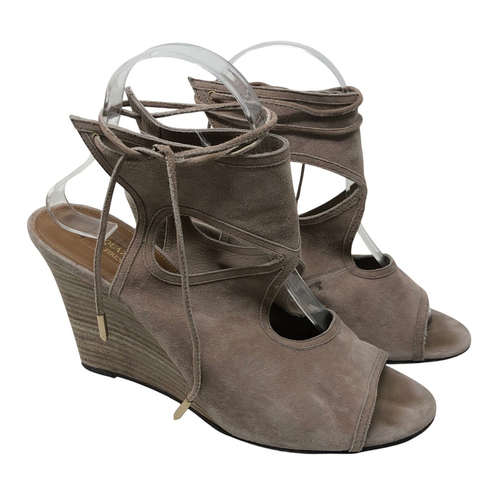 Aquazzura Belgravia Wedge Sandal Womens 10 Taupe Suede Lace Up Cutout Italy